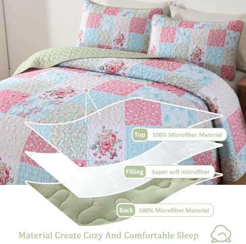 Mybedsoul Boho Quilt King Size, Patchwork Floral Bedding Set, Blue Pink - Image 3