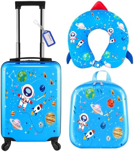 Sanwuta 4 Pcs Hardside Kids Luggage Set Space Blue 18 Inch Astronaut by Sanwuta
