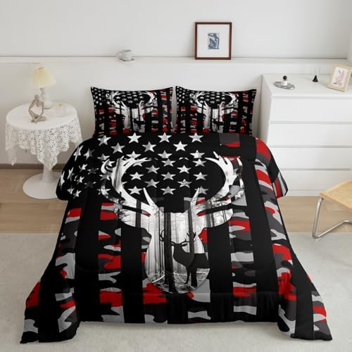 Camo American Flag Full Size Comforter Sets for Kids,Deer Antlers Red Camouflage Bedding Flags for Room Teens,Wild Animal Hunting Farm Branches Leaves Stars Stripes USA Flag Down Comforter - Image 4