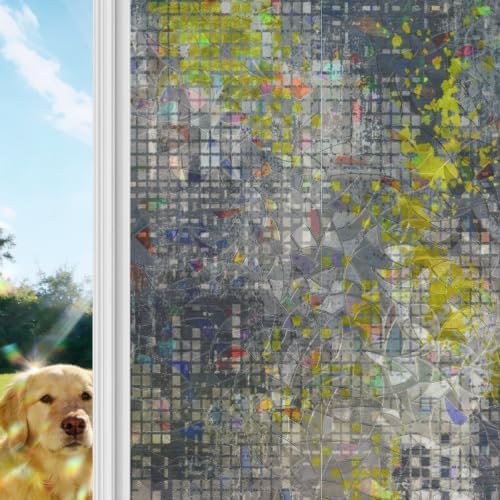 Window Privacy Film Static Cling, Yellow Slate Gray Decorative Stained Glass Window Film for Balcony Doors/Full-Length Windows, Geometric Modern Industrial Abstract Art 23.6 x 78.7 Inches - Image 4