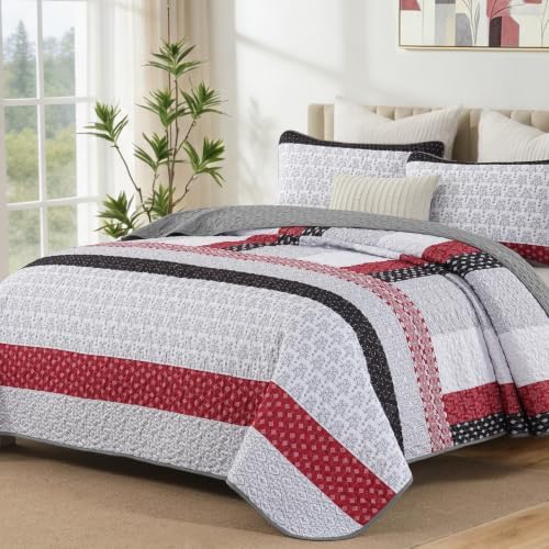 WONGS BEDDING Boho Queen Size Quilt Set, Black Red Striped Bedspread by WONGSBEDDING