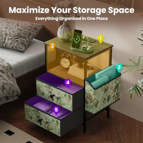MALOL Night Stand with Charging Station & Led Light Strip,Vintage Floral - Image 5