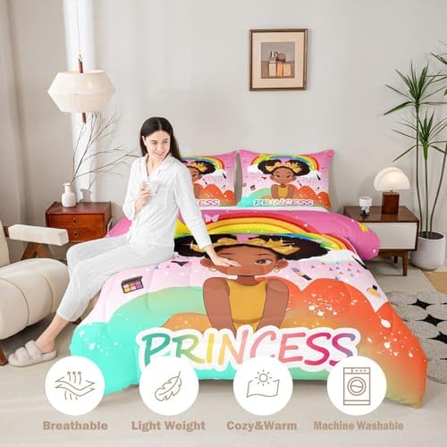 Erosebridal Rainbow Black Girls Comforter Set King Size African American Bedding Set Black Princess Girl Makeup Quilt Comforter Afro Little Girl Bed Set for Kids Melanin Bedroom Decor - Image 4