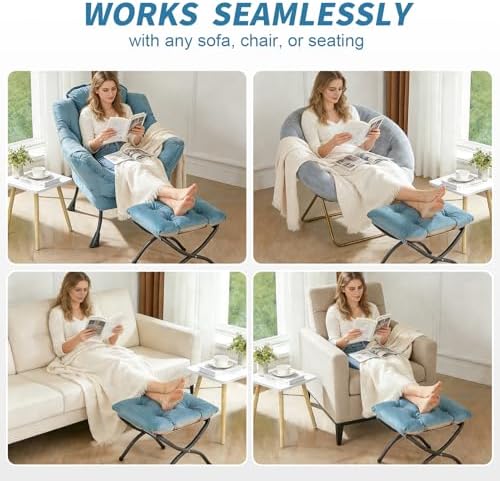 HollyHOME 15"(H) Folding Footrest Stool, Upholstered Small Foldable Ottoman, Accent Padded Sofa Foot Stool for Lazy Chair, Metal Frame Portable Foot Rest Ottoman for Home, Living Room, Bedroom, Blue - Image 4