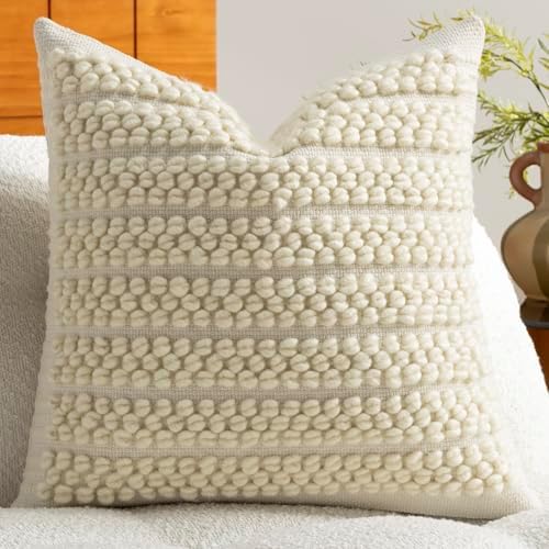 DEZENE Wool Boucle Throw Pillow Cover Premium Chic Accents Square Textured Decorative Pillow Case for Living Room Couch Sofa Home Decor 18"x18" Beige - Image 2