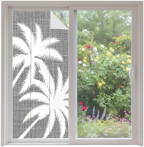 Window Privacy Film Frosted, Black Grey Tropical Tree Non-Adhesive Static Cling Window Tint, Summer Coastal Palm Trees Insulated Windows Frosted Films for Living Room, 35.4 x 78.7 Inches by Unknown
