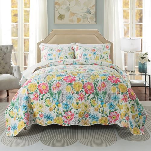 Travan Floral Quilt King Quilt Bedding Set, Ultra Soft Reversible Microfiber King Size Quilt Set with 1 Quilt Set and 2 Shams Yellow Flower Coverlet Set for All Season, Coreopsis-Yellow - Image 4