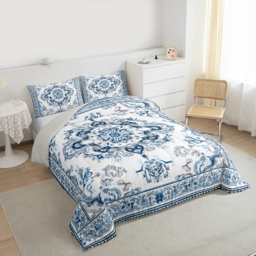Erosebridal Vintage Floral King Comforter Set - Light Blue and White Flower Bedding Sets for Kids Adults | Retro Aesthetic Flowers Bed Set | Farmhouse Room Decor with 2 Pillowcases - Image 5