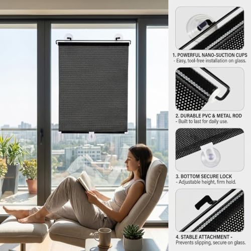 No Drill Blackout Roller Shades with Suction Cups, Portable Privacy Blinds for Indoor Windows, Temporary Pull Down Sun Shade Curtains for Home Office Cars Glass Door(18" Wx46 H) - Image 4