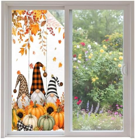 Window Privacy Film Frosted, Thanksgiving Fall Non-Adhesive Static Cling Window Tint, Gnomes Orange Green Pumpkin Leaves Insulated Windows Frosted Films for Living Room, 35.4 x 78.7 Inches by Unknown