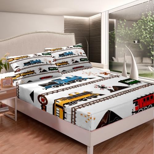 Erosebridal Kids Bedding Set Retro Vintage Train Fitted Sheet, Cute Vehicle Printed Colorful Train Bed Sheets for Boys Girls Adults Teens Bedroom Decor All Season Twin 2 Pieces, No Top Sheet - Image 2