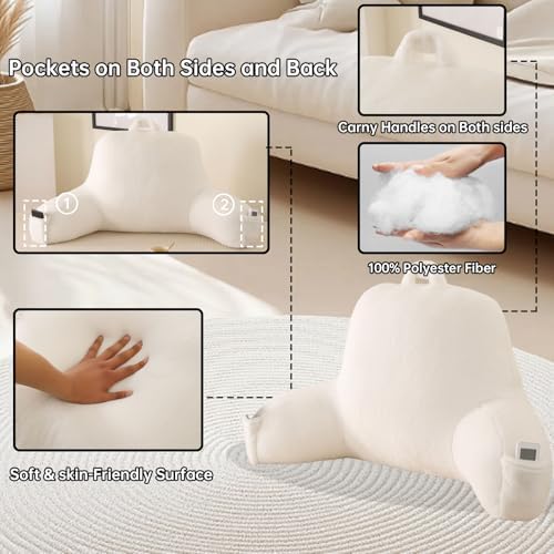 Soft Reading Pillow for Bed with Arms,Middle,White,Faux Fur - Image 5