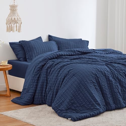 Love's cabin Seersucker Dark Blue Twin Comforter Set, 5-Piece Bed in a Bag by Lovescabin