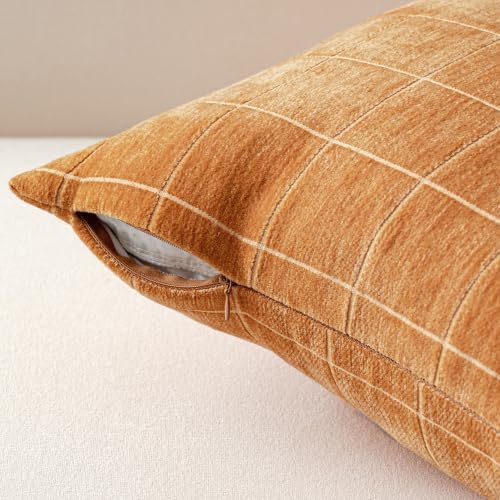 Decorative Chenille Plaid Fall Throw Pillow Covers Bronze 26x26 Set of 2 - Image 2