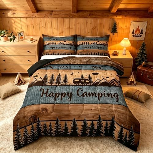 Happy Camping Comforter Set Full Camper Quilt Bedding For Kids Adults,Rv Accessories Comforter For Travel Trailers Rustic Farmhouse Wooden Board Duvet Set Mountain Pine Trees Decor,2 Pillow Cases by Erosebridal