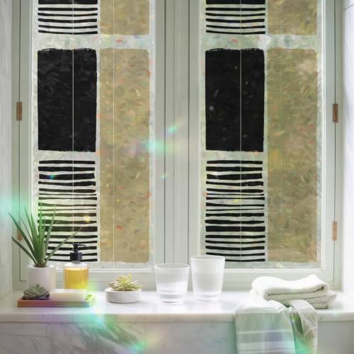 Beige Window Privacy Film Rainbow Static Cling Stain Glass Window Film for Glass Door, Decorative Heat Blocking Sunroof Decal Sticker for Car Home 35.4"x78.7" Modern Abstract Art Farmhouse Striped - Image 6