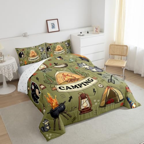 Erosebridal Kids Camping Tent Full Bedding Set,RV Camper Comforter Set Camping Decor for Travel Trailer,Rustic Cabin Bear Fox Quilt Set Woodland Adventure Bed Comforter Sets,2 Pillowcases - Image 3