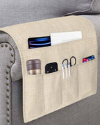 Sofa Armrest Organizer Bedside Caddy, Vintage Cream Non Slip Couch Remote Control Holder for Recliner, Farmhouse Retro Beige Solid Color Armchair Caddy with Pocket for Magazine, Phone, 19.7"x35" - Image 3