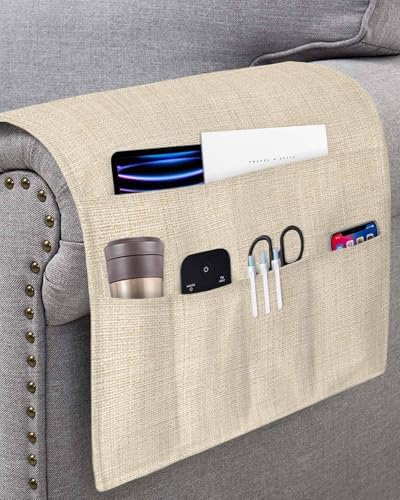 Sofa Armrest Organizer Bedside Caddy, Vintage Cream Non Slip Couch Remote Control Holder for Recliner, Farmhouse Retro Beige Solid Color Armchair Caddy with Pocket for Magazine, Phone, 19.7"x35" - Image 3