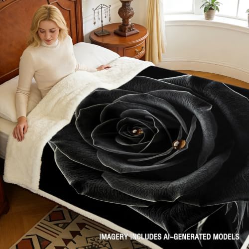 Black Rose Sherpa Blanket Romantic Gift Throw Blanket for Women Soft Warm Cozy 60x80 Inches Dark Aesthetic Floral Design Bedroom Couch Decor Gift for Birthday Anniversary Housewarming - Image 3
