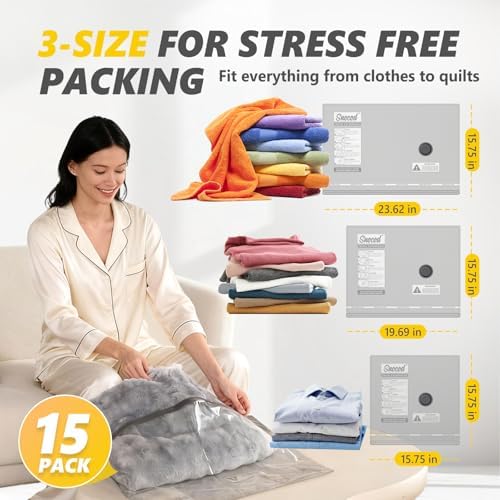 15 Pack Vacuum Storage Bags with Electric Pump, 70KPa Travel Space Saver Bags, Reusable Vacuum Seal Bags for Clothing, Suitcase, Travel & Home Use, White - Image 5