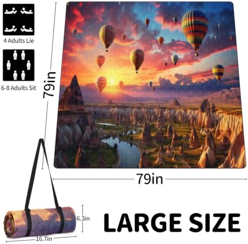 Large Picnic Blanket 79"X79" Picnic Mat Waterproof Foldable Lawn Park Blanket with Carry Strap Sandproof Beach Blanket Hot Air Balloon Portable Camping Blanket for Travel - Image 2
