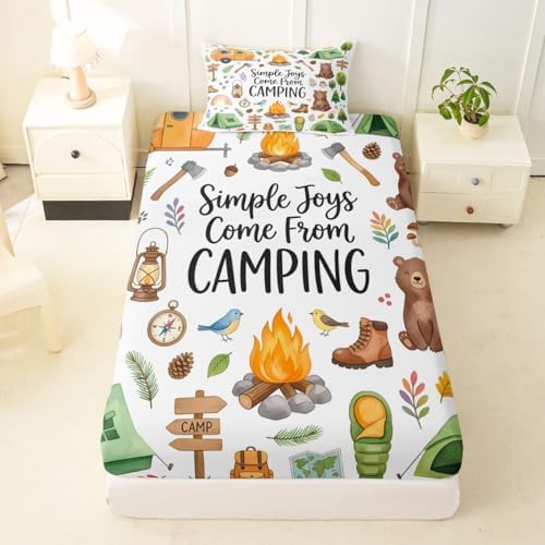 Erosebridal Forest Themed Camping Twin Fitted Sheet for Kids Girls Boys, RV Bunk Camper Outdoor Bedding Sets, Woodland Farmhouse Bear 2-Piece Bed Sheets Set, Travel Trailers Bedroom Decor by Erosebridal