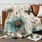 Teal Floral Tulip Throw Blanket, Vintage Botanical Flowers Fluffy Soft Blankets for Couch Bed Travel, Butterfly Plush Microfiber Striped Flannel Blankets, Lightweight Sofa Retro Blankets 32"x48" - Image 2