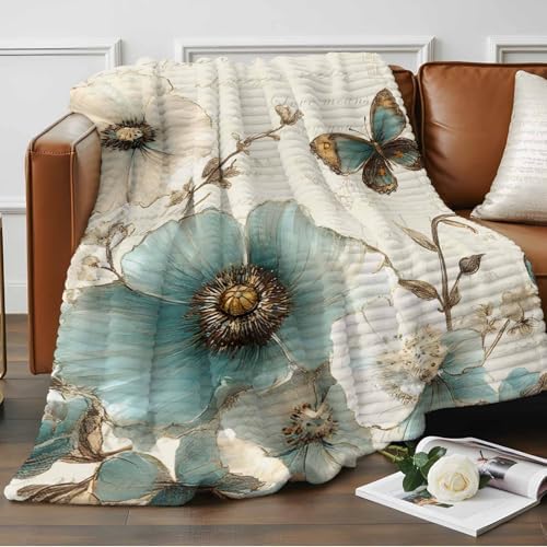 Teal Floral Tulip Throw Blanket, Vintage Botanical Flowers Fluffy Soft Blankets for Couch Bed Travel, Butterfly Plush Microfiber Striped Flannel Blankets, Lightweight Sofa Retro Blankets 32"x48" - Image 2