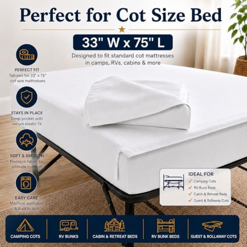 Zipper Cot Fitted Sheet Bundle, 33 x 75 Camping Cot Mattress Sheets, 400 Thread Count 100% Cotton, Includes 1 Wraparound Base, 2 Removable Zipper Top Sheets & 2 Pillowcases, 8 Inch Deep Pocket, White - Image 2