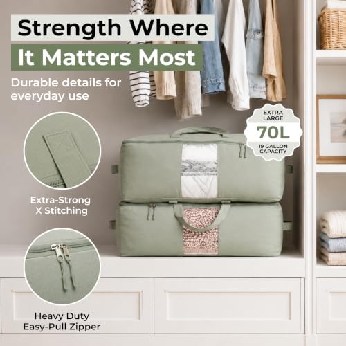 Soft Canvas Storage Bags with Zipper. Thick Breathable, 2pc King/Queen Comforter Organizer. Four Carrying Handles and Window. Large 25x19x9in Bag for Sheets Blankets Bedding Pillows, Clothes (Green) - Image 3