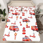 Fire Truck Red Bedding Set Queen for Kids Toddler Boys Firefighter Supplies Pattern Fitted Sheet, Scaling Ladder Fire Extinguisher Bed Sheets Helicopter Fire Hydrant Sheets Fire Theme Decor by Erosebridal