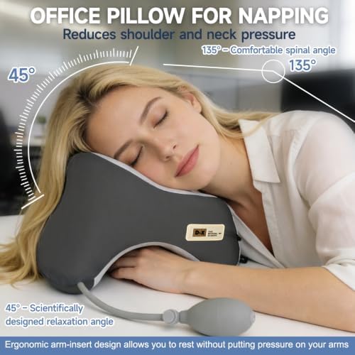 Desk Pillow for Napping, Neck Pillow for Office Chair Headrest, Neck Support Pillows for Desk Sleeping, Inflatable Neck Pillow for Work/Travel/Airplane, Face Down Pillow, Adjustable Height (Grey) - Image 3