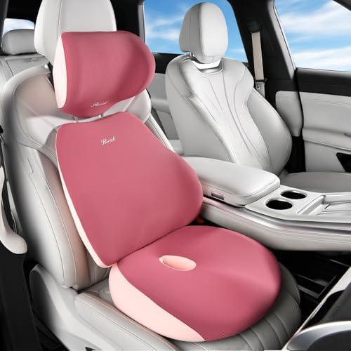 FLORICH Car Seat Cushion & Lumbar Support Pillow & Car Neck Pillow, Ergonomic Memory Foam Driving Seat Cushion for Back & Sciatica Pain Relief, Non-Slip Washable Cushion for Car, Driver, Office-Pink by FLORICH