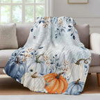 Blue Pumpkins Fall Throw Blanket, Thanksgiving Eucalyptus Fluffy Soft Blankets for Couch Bed Travel, Autumn Leaves Plush Microfiber Striped Flannel Blankets, Lightweight Sofa Blankets 50"x80" - Image 2