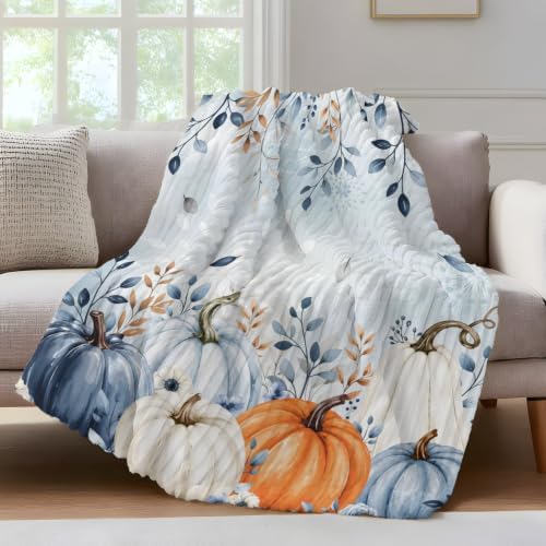 Blue Pumpkins Fall Throw Blanket, Thanksgiving Eucalyptus Fluffy Soft Blankets for Couch Bed Travel, Autumn Leaves Plush Microfiber Striped Flannel Blankets, Lightweight Sofa Blankets 50"x80" - Image 2