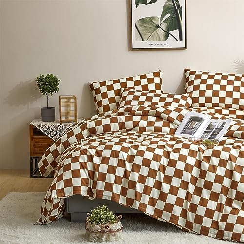Luxlovery Brown and White Plaid Comforter Set Full Cream Brown Checker Bedding Comforter Rust Brown Abstract Buffalo Blanket Quilts Geometric Soft Cozy Chessboard Grid Bedding Comforter Set - Image 6