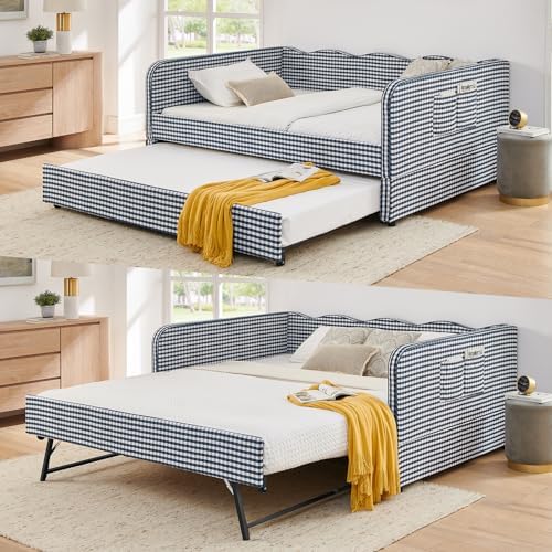 3 in 1 Full Daybed with Pop Up Trundle, Convertible Gingham Upholstered Sofa Bed with Side Storage Pockets, Extendable Guest Bed Frame for Teens Adults Bedroom Living Room, Dark Blue by KrenzhHome
