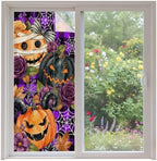 Window Privacy Film Frosted, Pumpkins Halloween Non-Adhesive Static Cling Window Tint, Black Horror Purple Check Floral Insulated Windows Frosted Films for Living Room, 35.4 x 78.7 Inches by Unknown