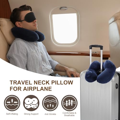 PATIKIL Self-Inflatable Pillow, 2 Pack Soft Flush Travel Neck Pillow Sleeping Anti Wrinkle Pillow Head Neck Support with Compact Bag for Plane Train for Travel Airplane, Navy Blue - Image 5