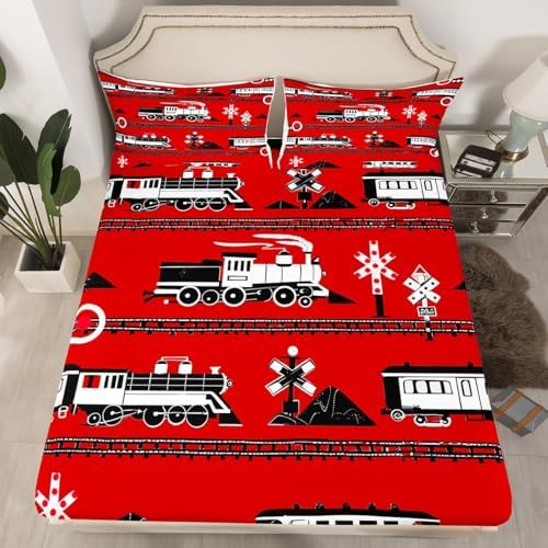 Erosebridal Boys Train Twin Bed Sheets Cartoon Car Toddler Bedding Set, Traffic Transportation Track Fitted Sheet for Kids Vintage Steam Engine Railway Decor Sheets Room 2Pcs, Red White Black by Erosebridal