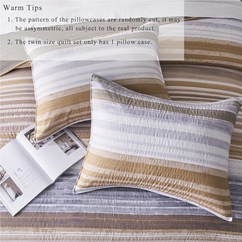 KAKIJUMN Striped Full/Queen Quilt Bedding Set, Soft Bedspread, Warm Tan - Image 6