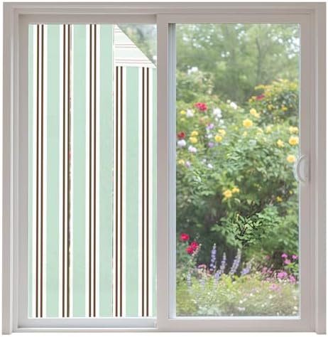 Window Privacy Film Frosted, Light Green Brown Striped Non-Adhesive Static Cling Window Tint, Modern Farmhouse Vertical Stripes Insulated Windows Frosted Films for Living Room, 35.4 x 78.7 Inches by Unknown