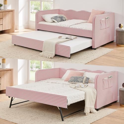 3 in 1 Twin to King Daybed, Gingham Upholstered Daybed with Pop Up Trundle, Convertible Sofa Bed with Side Storage Pockets, Extendable Guest Bed Frame for Teens Adults Bedroom Living Room, Pink by KrenzhHome
