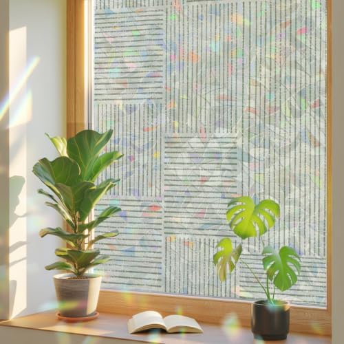 Window Privacy Film Static Cling, Sage Green Modern Striped Decorative Stained Glass Window Film for Balcony Doors/Full-Length Windows/Tall Glass Panels, Grid Line Blocks Farmhouse 23.6 x 78.7 Inches by Pinroote
