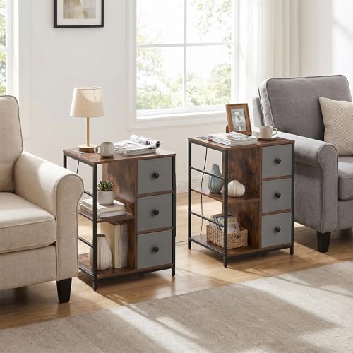 Giantex Industrial Nightstand Set 2 with Charging Station, End Side Table w/3 Fabric Drawers, Side Storage Pockets, Open Shelves, Metal Frame, Rustic Bedside Table Night Stand for Bedroom Entryway (2) - Image 2