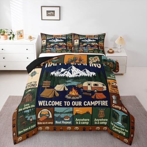 Erosebridal Camping Themed Full Size Bedding Set for Kids, Outdoor RV Bunk Camper Comforter Sets for Girls Boys, Forest Bear Rustic Mountain Bed Set Quilt, Camping Lover Gifts Bedroom Decor by Erosebridal