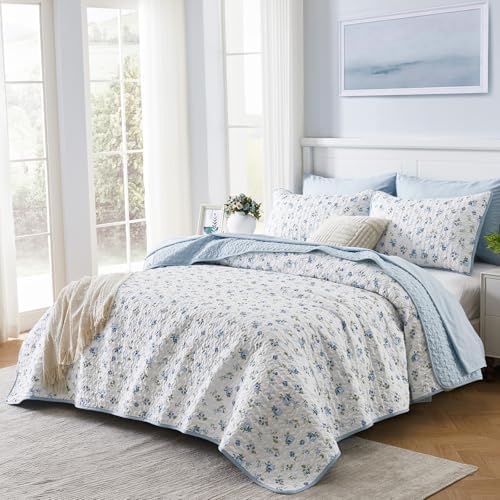 Queen/Full Size Floral Quilt Set Blue Shabby Chic Flower Bedspreads Set - Image 2
