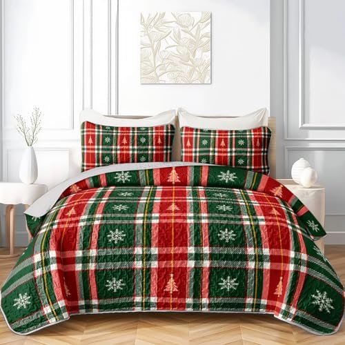 HOSIMA Christmas Red Green Plaid Quilt King Size with 2 Pillowcases. by HOSIMA