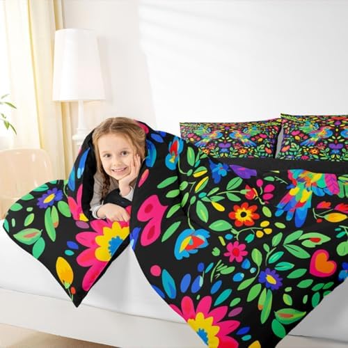 Erosebridal Vintage Boho Floral Queen Comforter Set for Kids Girls Boys, Mexican Talavera Tiles Bedding Sets, Bohemian Wild Flowers Quilt Bed Set, Watercolor Flowers Room Decor - Image 4